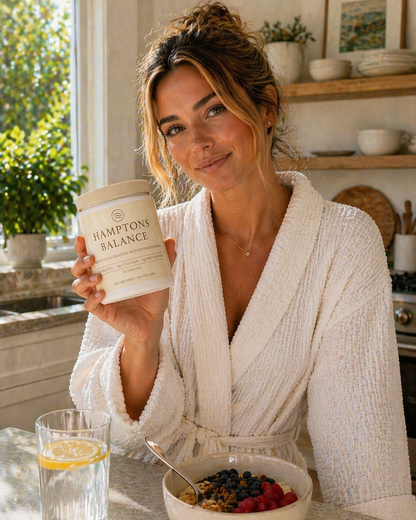 Woman in a kitchen holding a container labeled 'Hamptons Balance' while eating cereal with fruit.