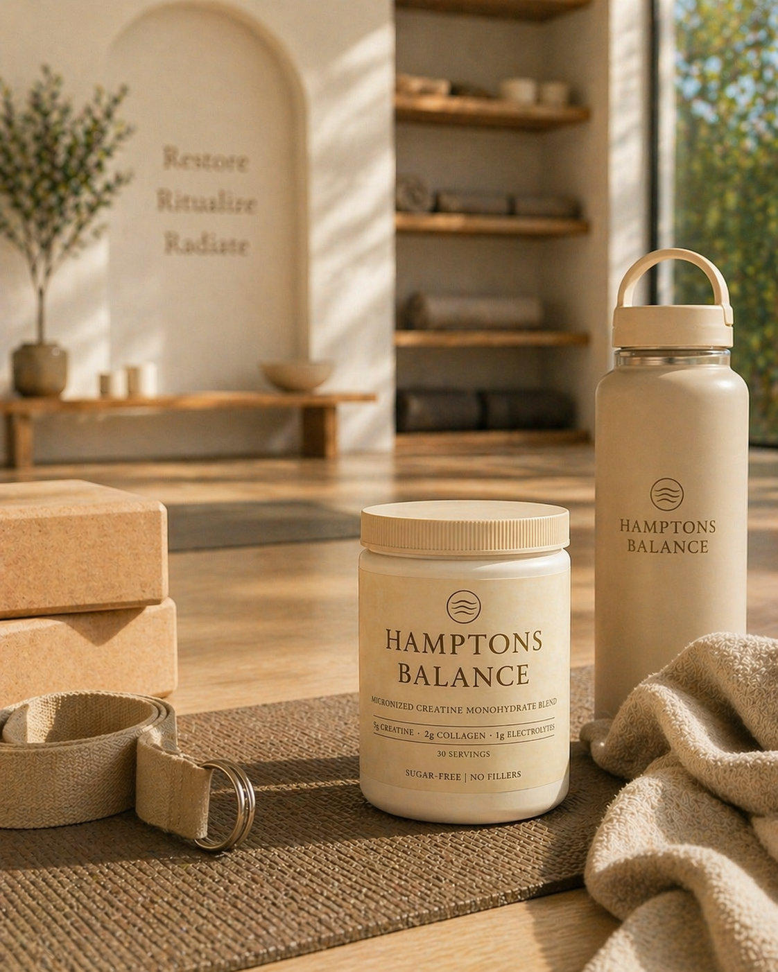 Hampton's Balance products including a jar and water bottle in a serene setting.
