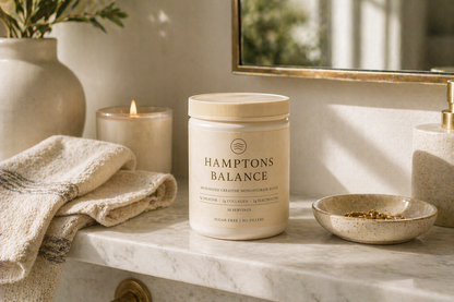 Jar labeled 'Hamptons Balance' on a marble surface with a candle and towel in the background.