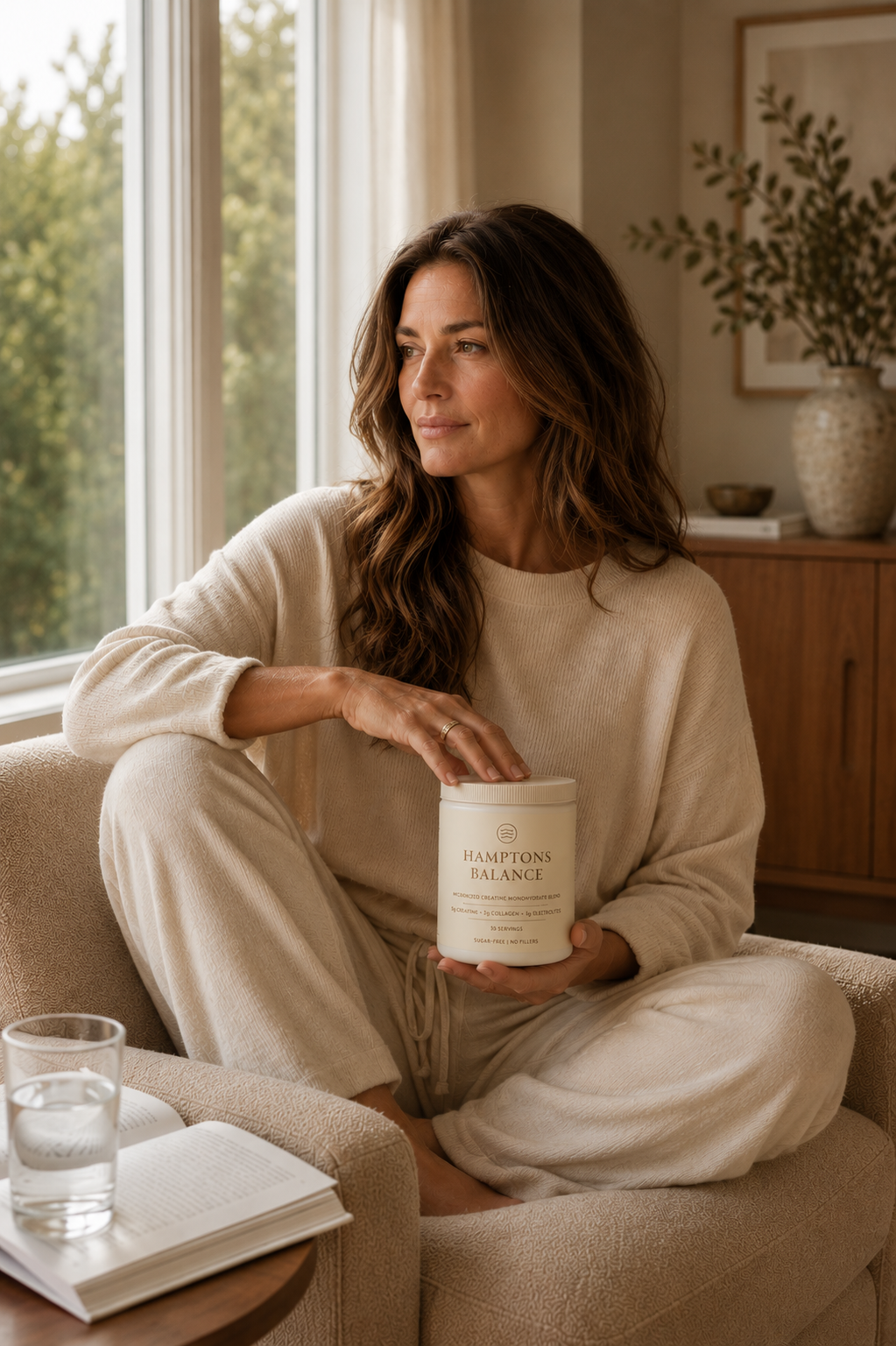 Woman sitting on a couch holding a candle with a window and plant in the background