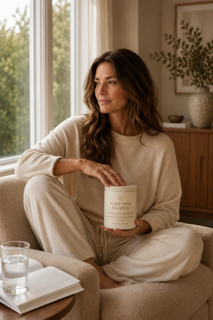 Woman sitting on a couch holding a candle with a window and plant in the background